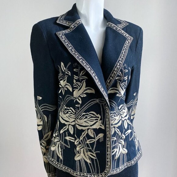 Nygard Collection Black Wool Gold Floral Embroidery Blazer M - Picture 3 of 8